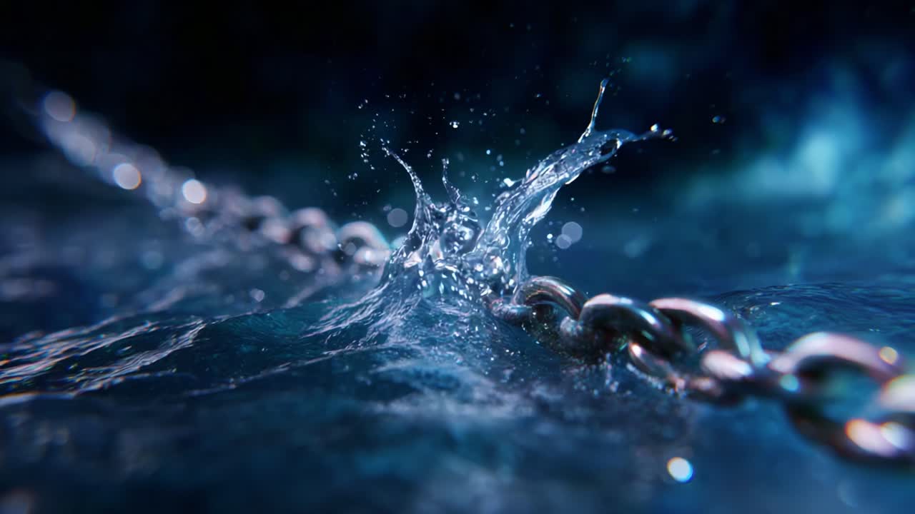 水に浸されたチェーンのクローズアップ。水しぶきと反射を作り出し、液体と金属の動きと質感を驚くほど細部まで捉えています。