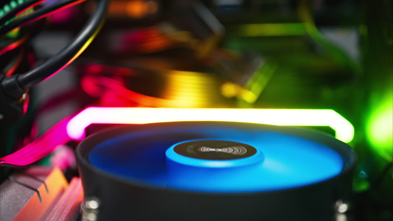 Close up of a server with flashing colourful lights in a data center