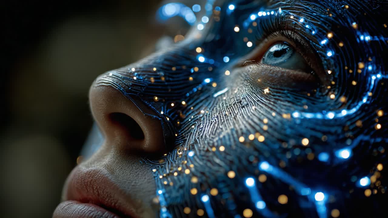 A Futuristic Close-Up of a Human Face Embellished with Intricate Circuit Patterns and Dazzling Lights, Illustrating the Intersection of Humanity and Technology