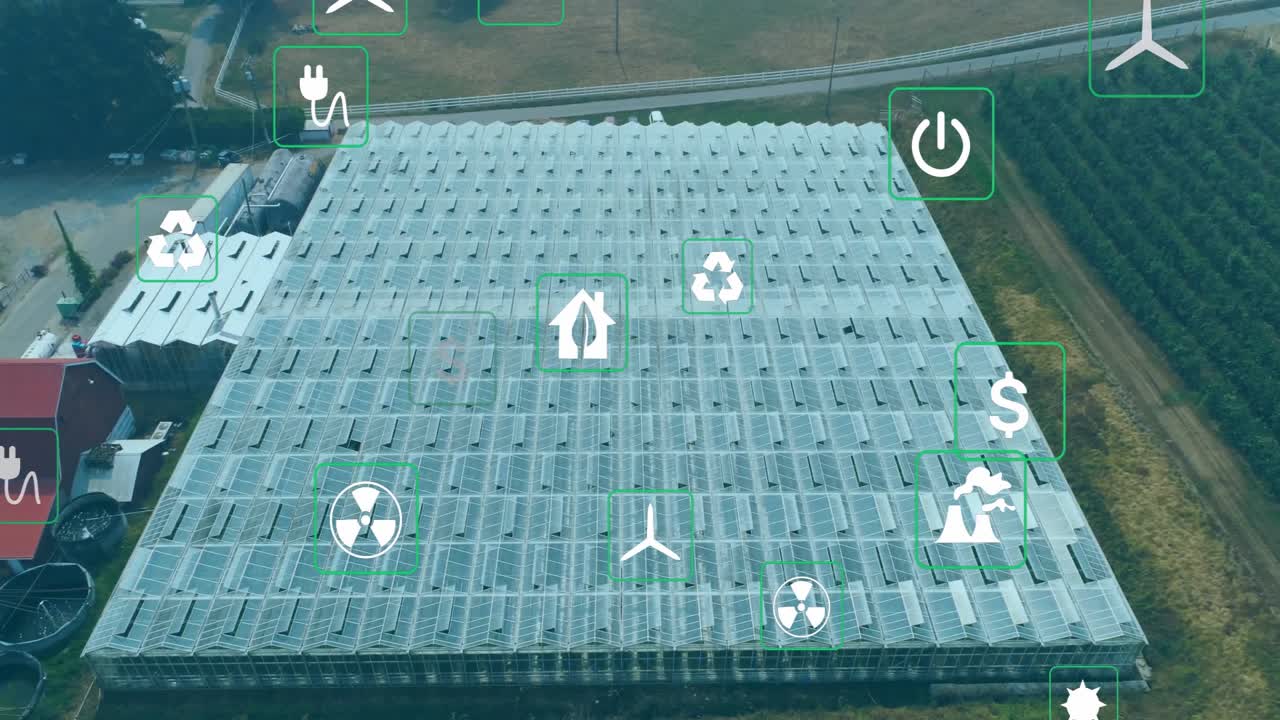 Drone shot starting icon swap, greenhouse panels showing energy symbols emphasizing renewable power