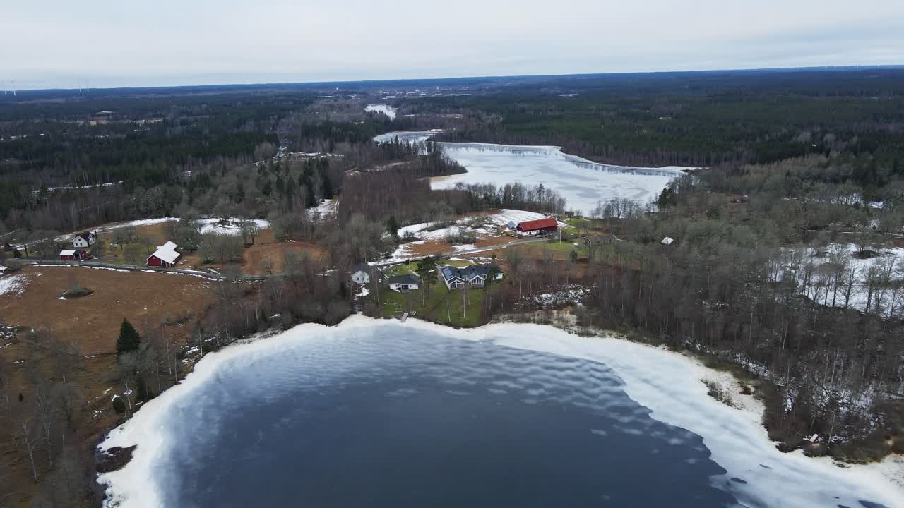 Drone flying towards beautiful cabins at the edge of a stunning frozen lake in rural Sweden