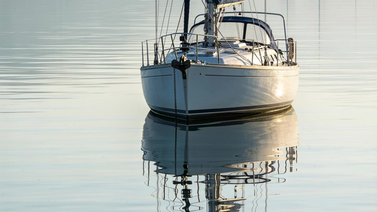 Leggera brezza che increspa l'acqua, barca a vela bianca con albero che ondeggia e altera il riflesso nella baia