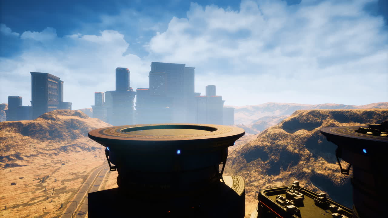 Majestic skyline overlooking desert terrain under a vast blue sky