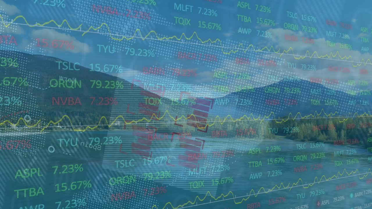 Stock market data and graphs animation over scenic mountain landscape