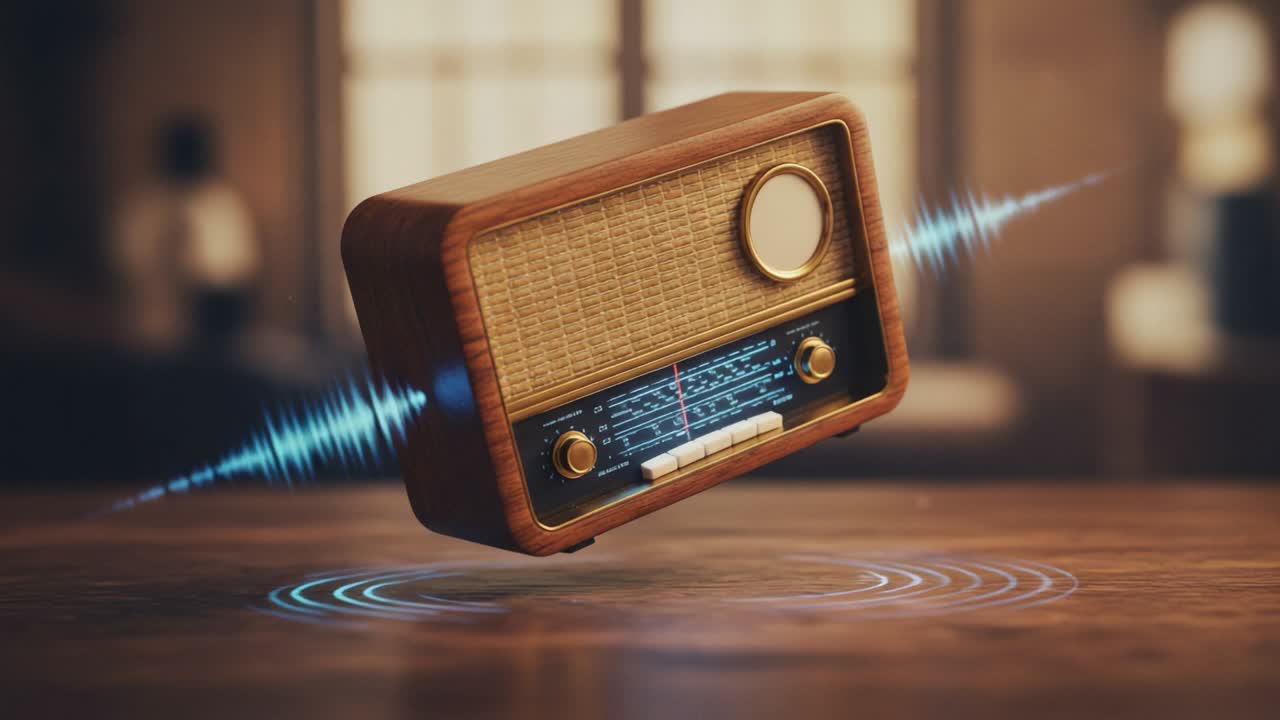 An Enchanted Vintage Radio Suspended in Midair, Emitting Vibrant Sound Waves in a Cozy, Modern Atmosphere, Showcasing a Blend of Classic and Contemporary Design Elements