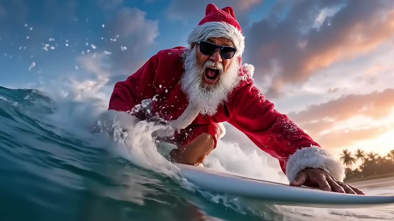 A man in a santa claus suit riding a surfboard on a wave