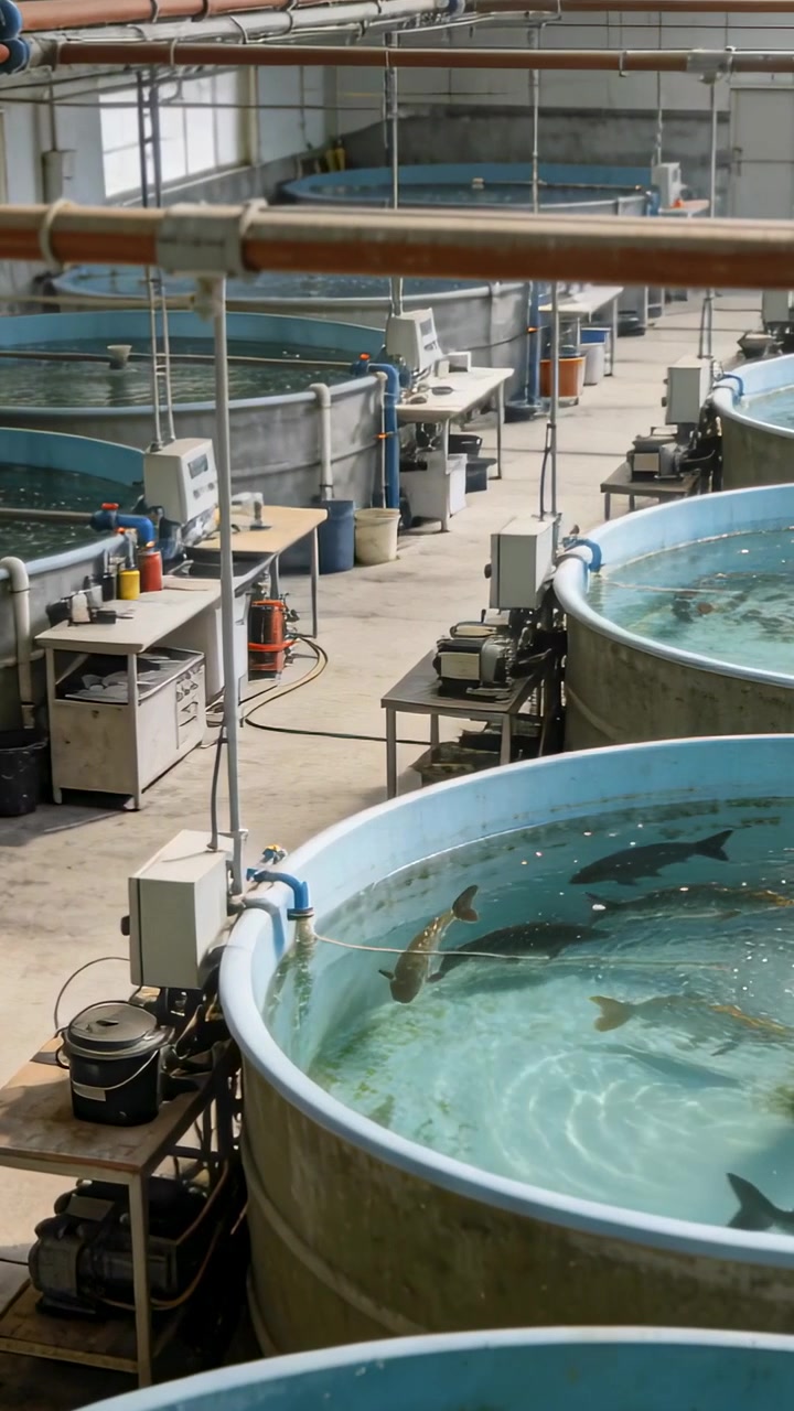 Vertikales Video: Kreisförmig schwimmende Fische, angetrieben von Belüftungspumpen, schwimmen im Vordergrundbecken einer Fischfarm.