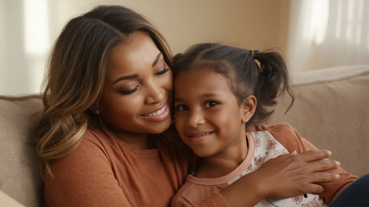 Mother affectionately hugging child on sofa while child shifting gaze toward camera smiling