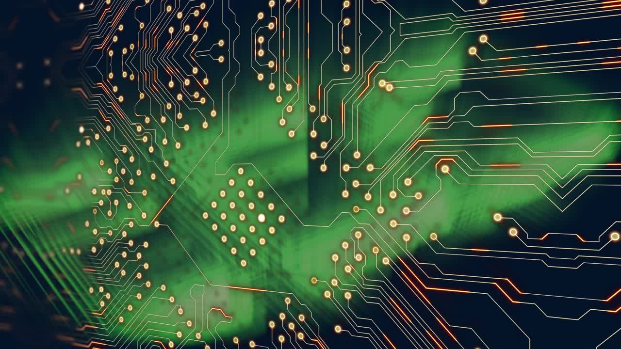 Digital animering av mikroprocessorkopplingar över gröna ljusspår mot blå bakgrund