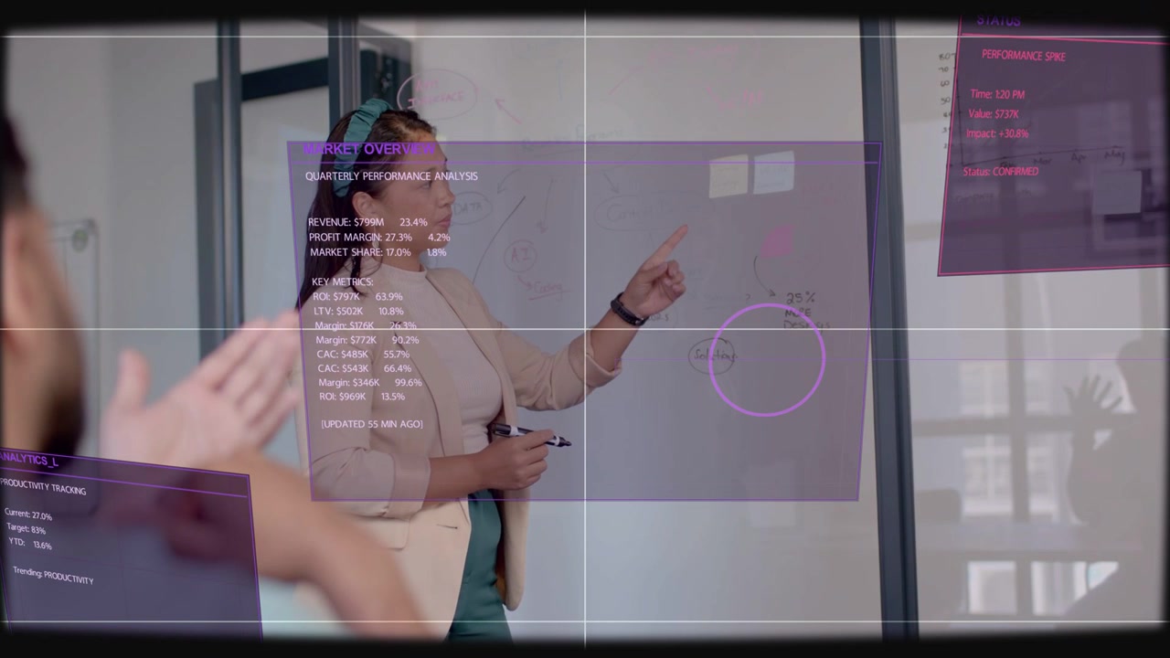 Male colleague gesturing, activating business panels, lead pointing at circled data on glass board