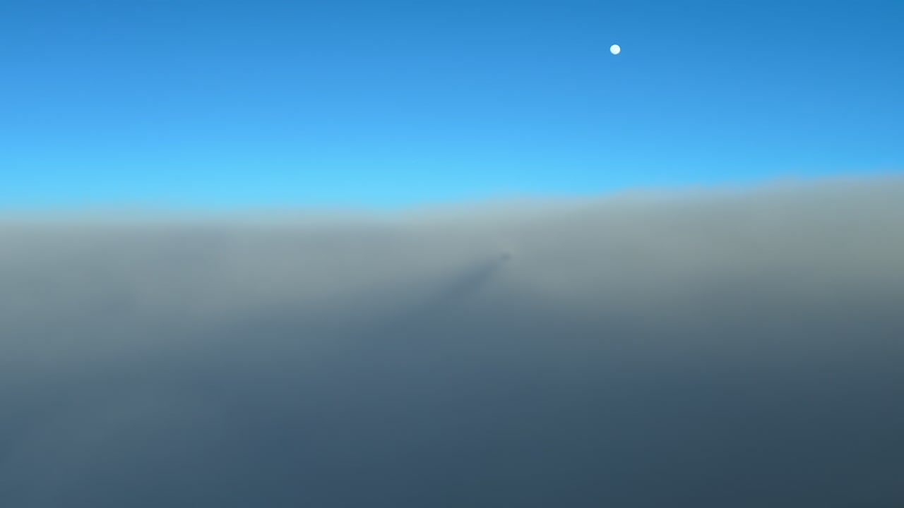 aerial view taken from inside a jet cockpit and its chemtrail while flying at sunset over a sea of ethereal clouds, with the moon above in a blue sky