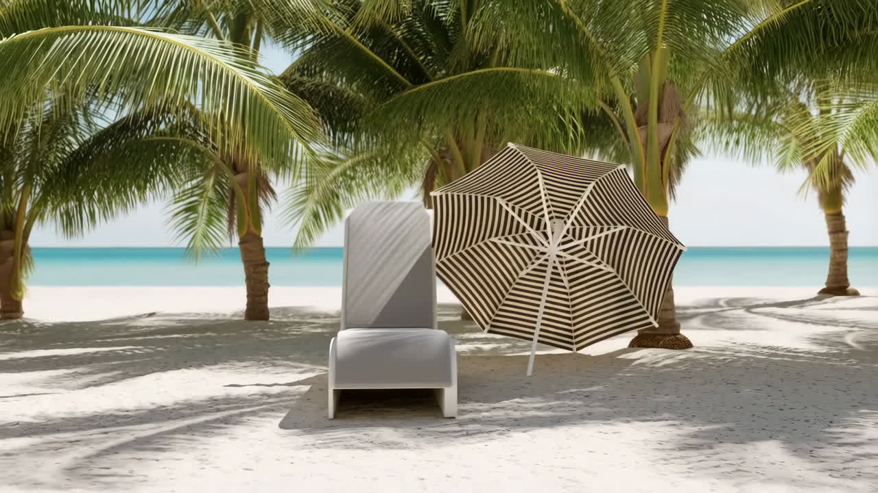 A serene tropical beach scene with a lounge chair and umbrella under palm trees