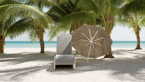 a serene tropical beach scene with a lounge chair and umbrella under palm trees