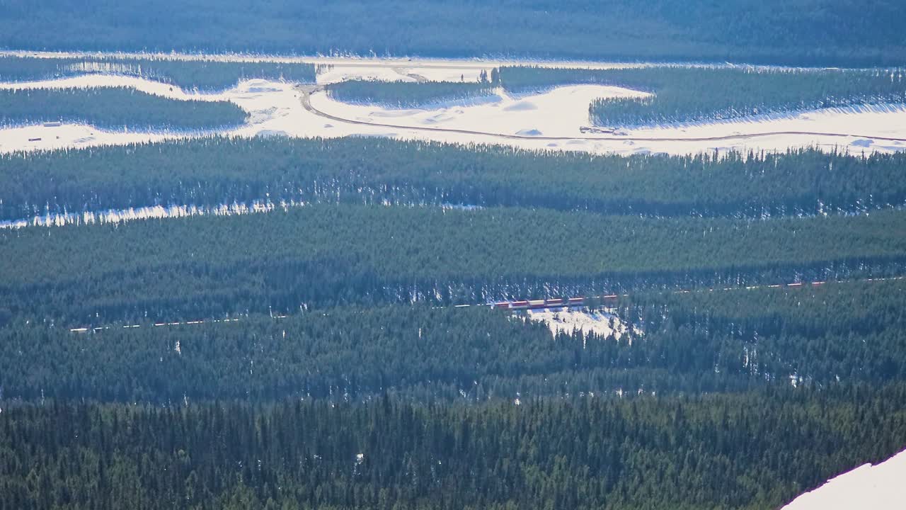 Un treno merci a Banff, Canada, si muove attraverso un vasto paesaggio forestale innevato, catturando il viaggio invernale attraverso una natura selvaggia remota con alberi sempreverdi, terreno ghiacciato e un suggestivo trasporto montano.