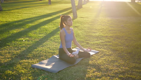 Hermosa-Joven-Sentada-En-Posición-De-Loto-En-Su-Alfombra-De-Yoga-En-Meditación-Durante-El-Amanecer-En-Un-Parque-De-Césped