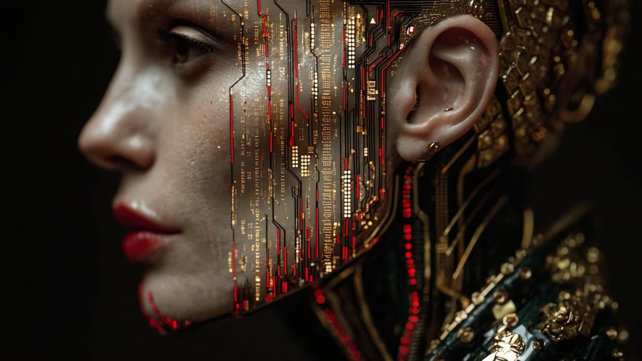 A Stunning Portrait of a Cybernetic Figure Merging Human Features with High-Tech Elements, Showcasing Intricate Details of Circuitry and Glimmering Gold Accents
