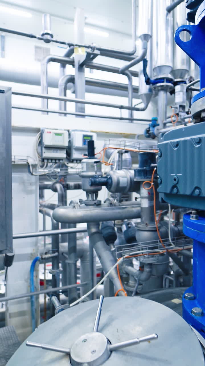 Industria di trasformazione alimentare lattiero-casearia. Laboratorio e attrezzature per la produzione lattiero-casearia. Video verticale.