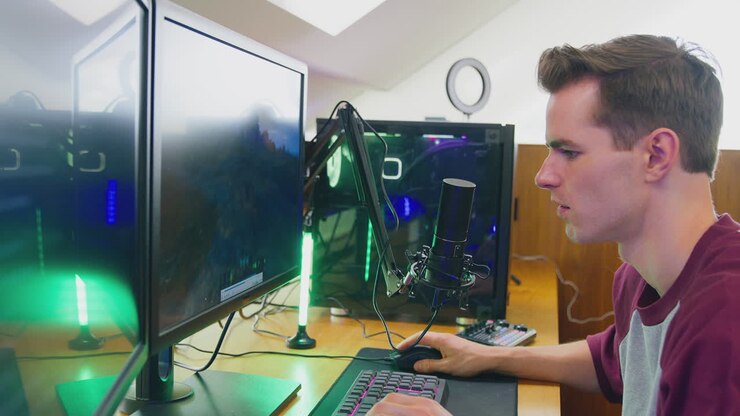 Uomo che gioca a casa, seduto alla scrivania con più monitor, in live streaming di un videogioco