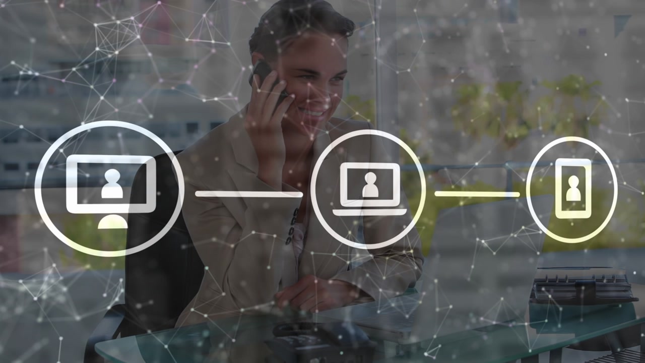 Animation of data processing over caucasian businesswoman talking on smartphone