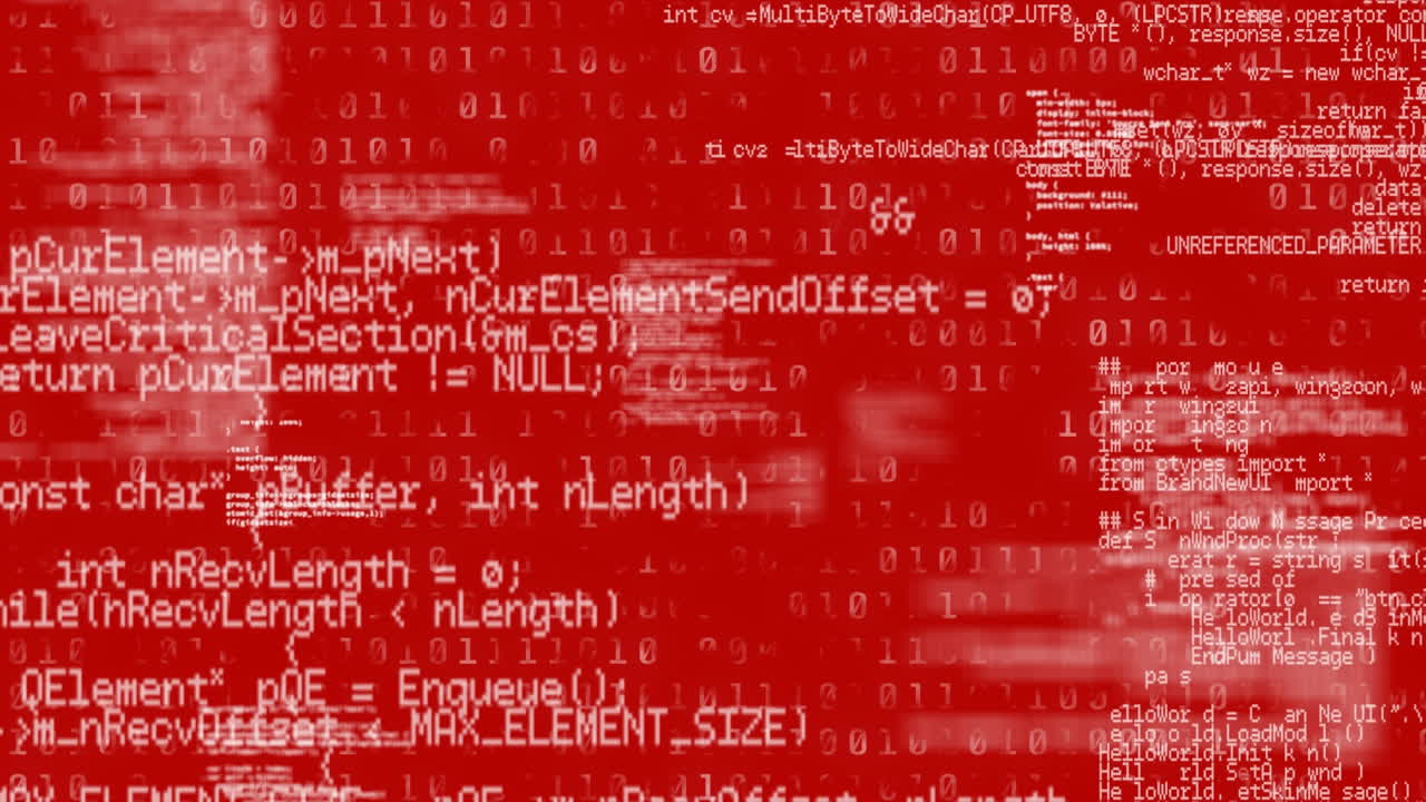 빨간색 배경 위의 데이터 처리 및 바이너리 코딩의 애니메이션