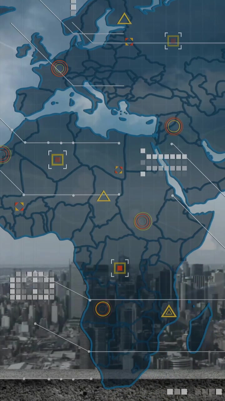 Animation of world map and data processing over cityscape