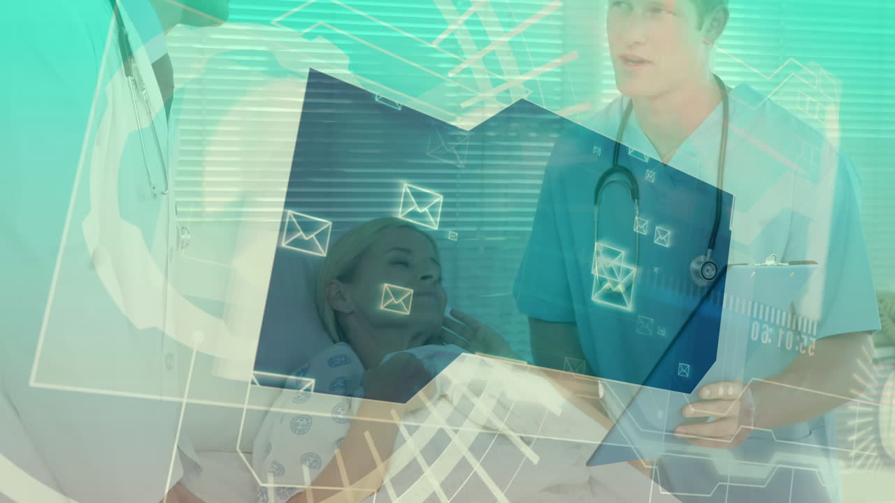 animación del procesamiento de datos científicos sobre un médico caucásico con un paciente