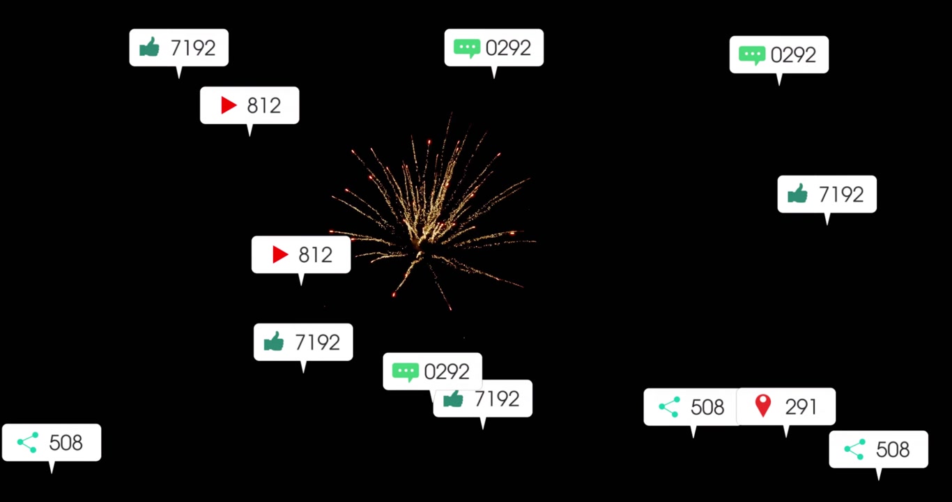 Black void sparking social media icons appearing, floating outward showcasing growing counts