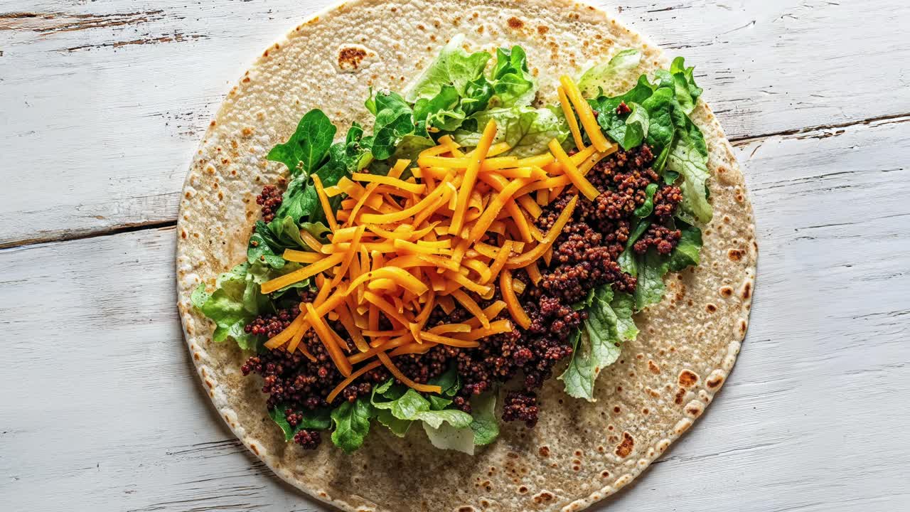 cerca de un burrito lleno de carne, queso y lechuga