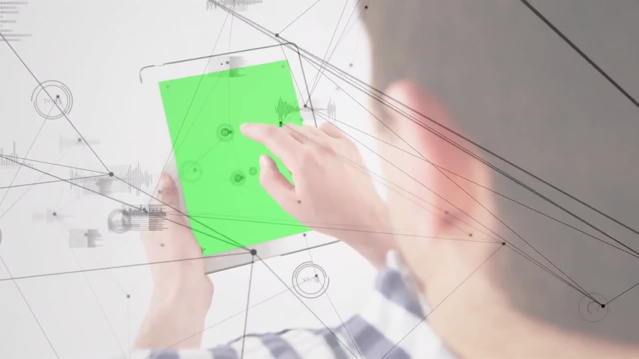 Animation of network of connections over businessman using tablet