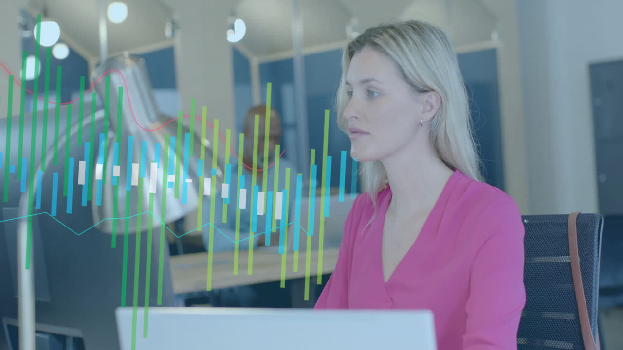 animación del procesamiento de datos financieros sobre una mujer de negocios caucásica en el cargo