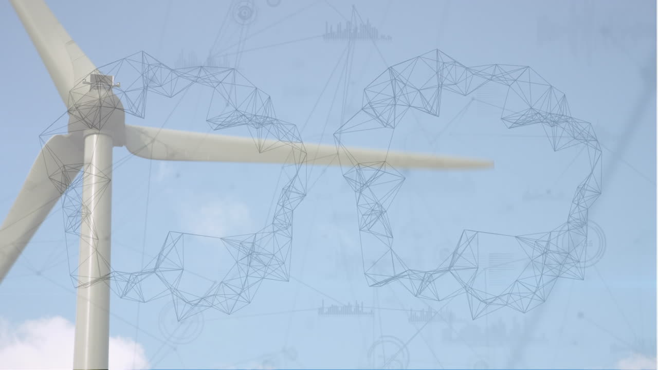 푸른 하늘을 배경으로 회전하는 풍차 위의 연결 네트워크의 애니메이션