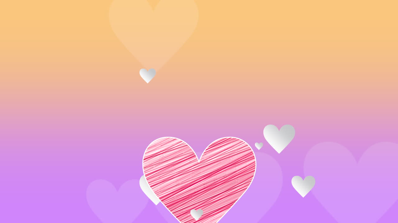 보라색 그라데이션에 빨간색과 흰색 하트 비행