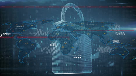 animación del procesamiento de datos digitales a través de un candado y un mapa del mundo