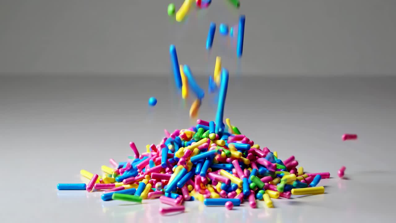 Video ravvicinato di una cascata di zuccherini colorati che creano un mucchio vivace su una superficie bianca