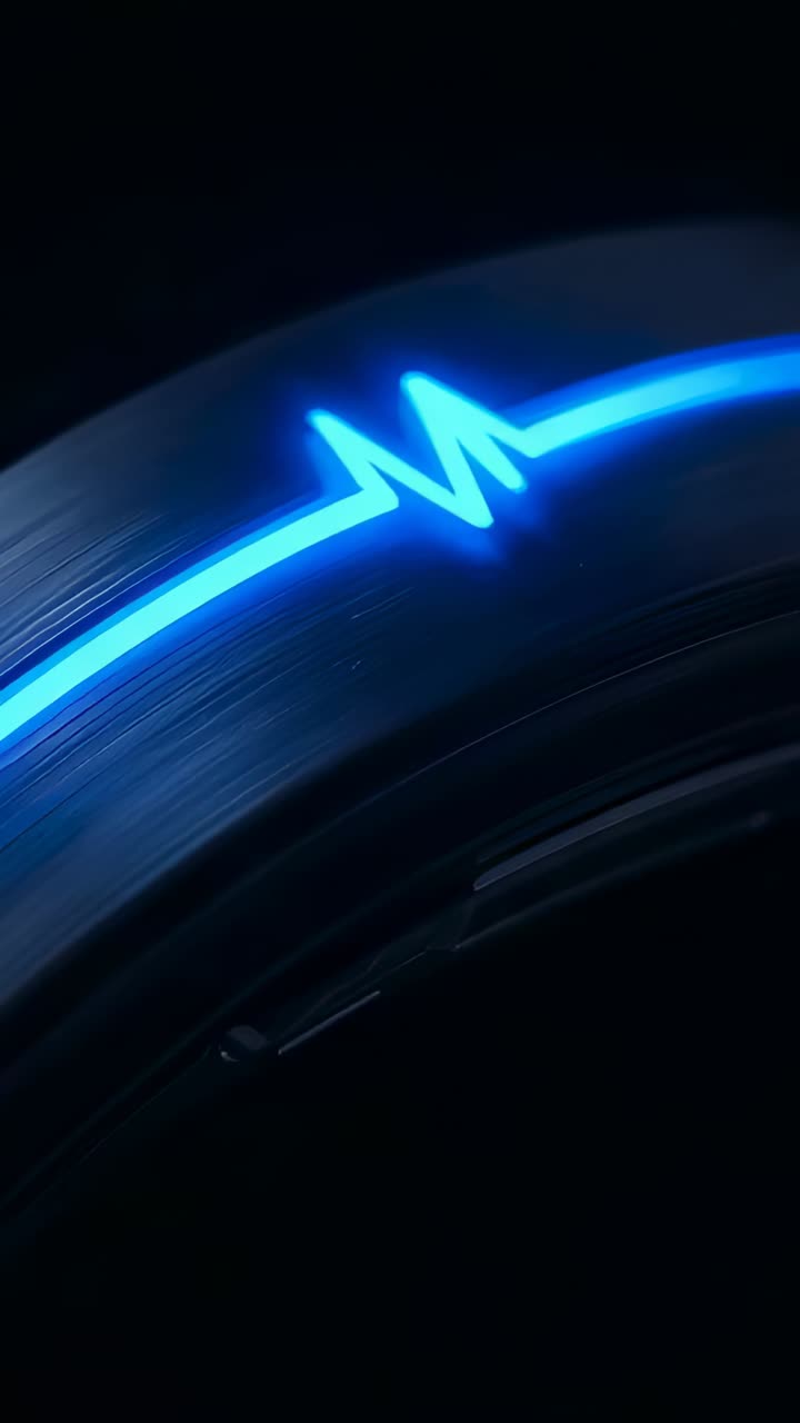 Video verticale: anello di metallo ad effetto loop con striscia LED blu in movimento in uno studio buio, zig-zag pulsante
