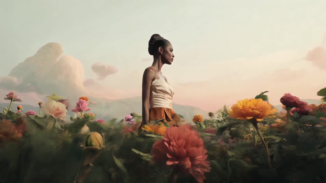 A woman in a vibrant flower field, captured from a low-angle, creating a dreamy, surreal video scene