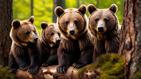 a group of brown bears sitting on a log in the woods