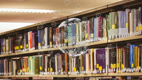 animation of globe with network of connections over shelves with books in library