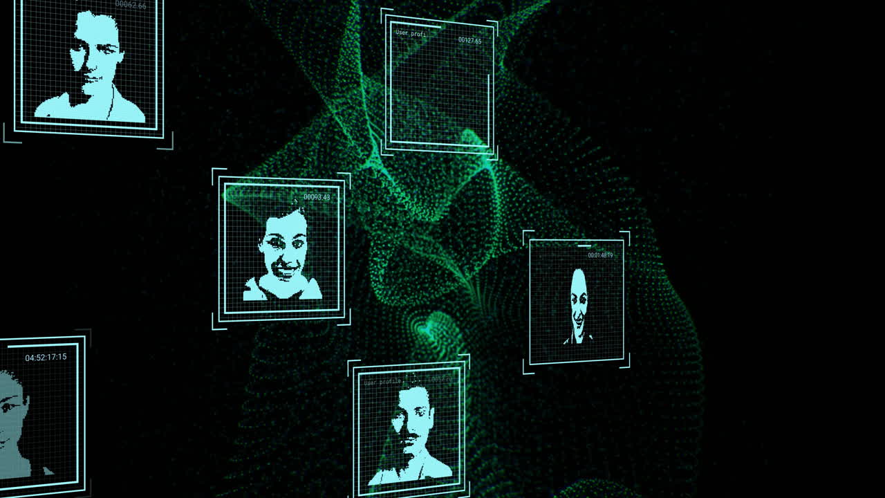 animación de redes de conexiones con fotos biométricas digitales