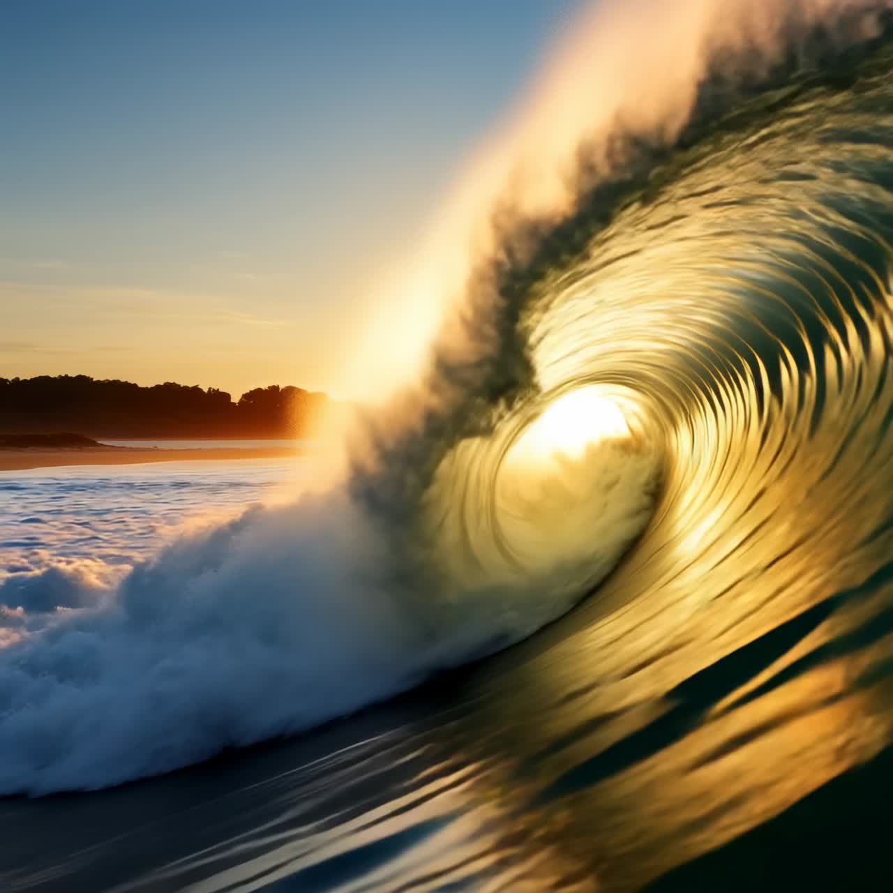Concetto di video dinamico di un'onda dorata al tramonto, catturata dall'interno della cavità