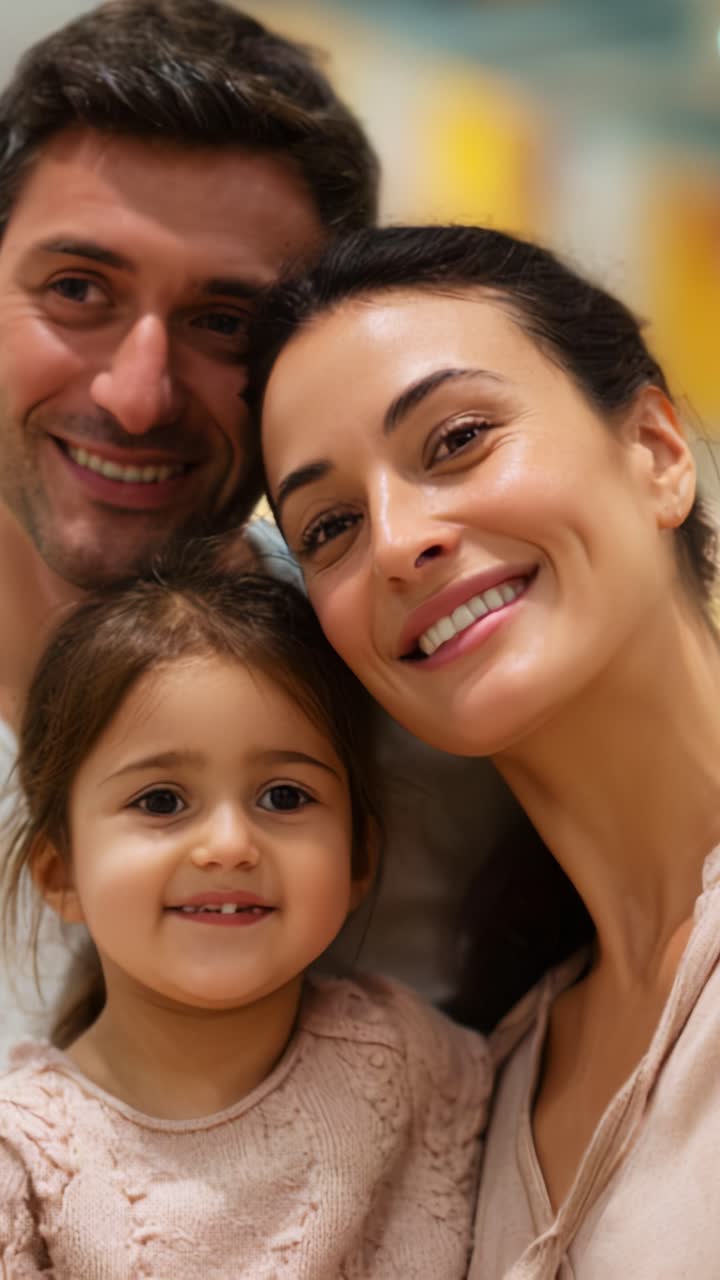 Um retrato alegre de uma família, capturando um casal sorridente e sua filha adorável, mostrando amor e união em uma atmosfera brilhante e calorosa