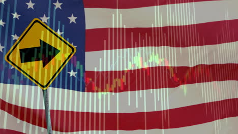animación del procesamiento de datos financieros sobre la señal de tráfico y la bandera de los estados unidos