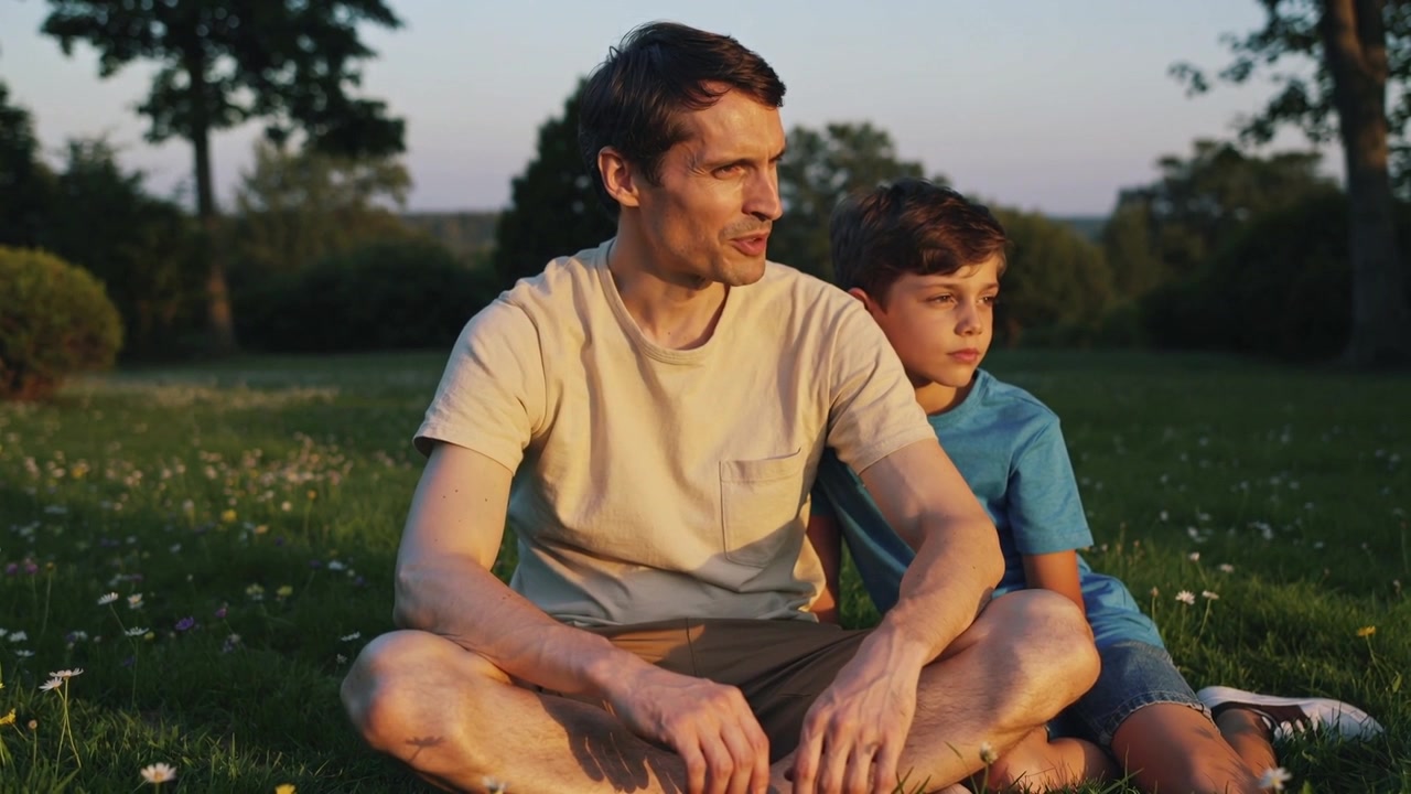Turning head, father starting explaining sitting with son on park lawn at sunset, wearing tees