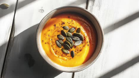 Bowl-Of-Creamy-Pumpkin-Soup-With-Seed-Garnish-On-White-Table