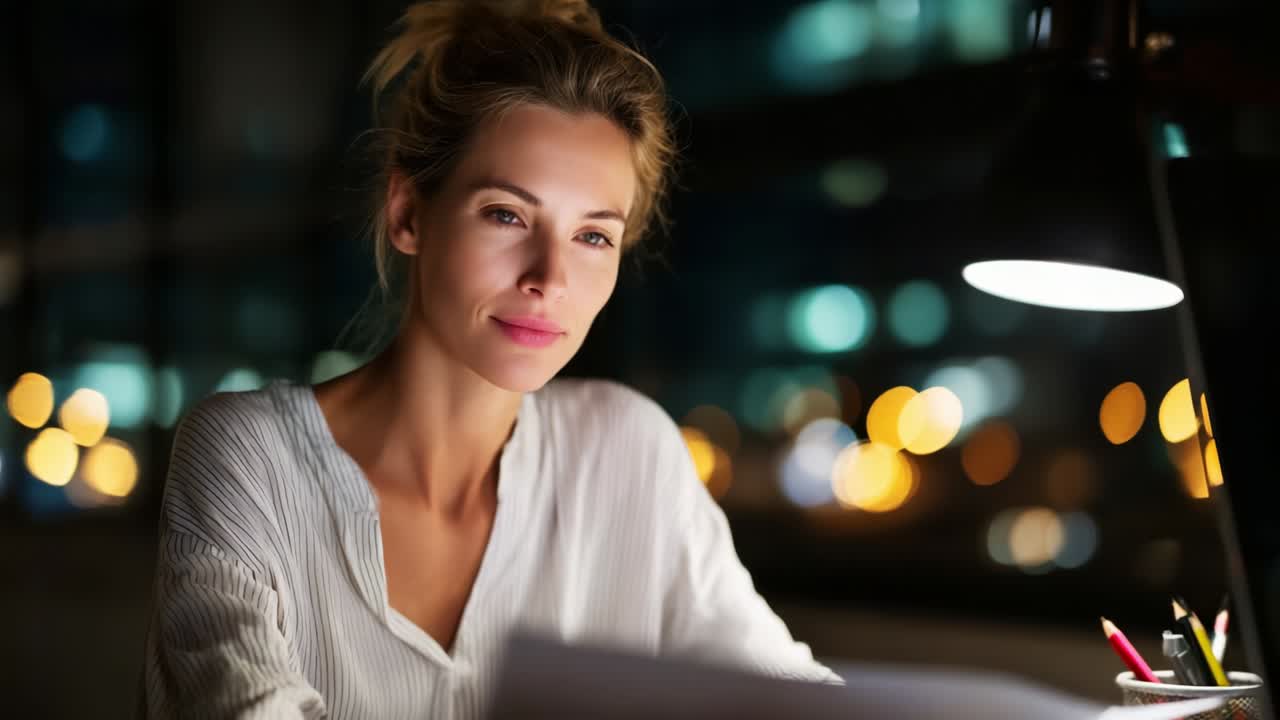 Focused woman working late at night, illuminated by soft light from a desk lamp, deeply engaged in tasks, with blurred city lights creating a warm atmosphere in the background