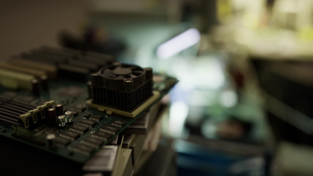 Close up of a computer motherboard with components on a workbench
