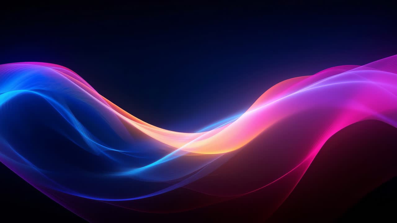 Vibrant abstract waves in neon colors flow across a dark background