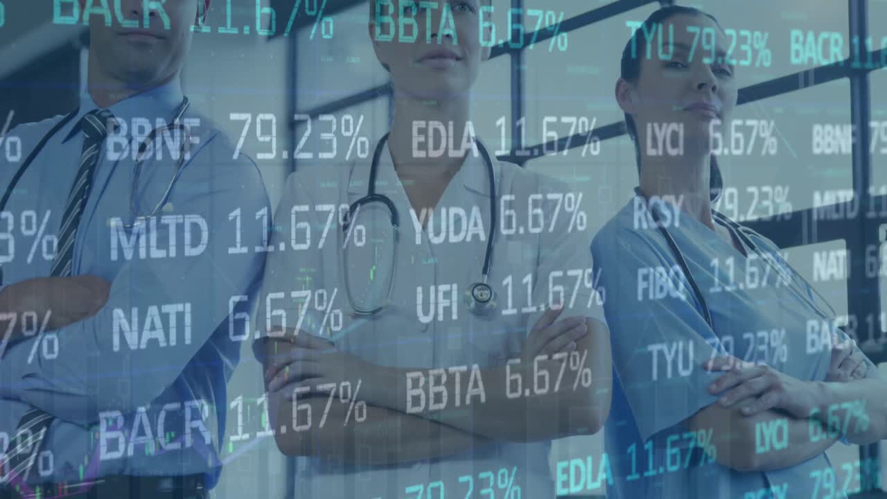 다양한 의료 의료 직원 팀을 통해 주식 시장 데이터 처리의 애니메이션