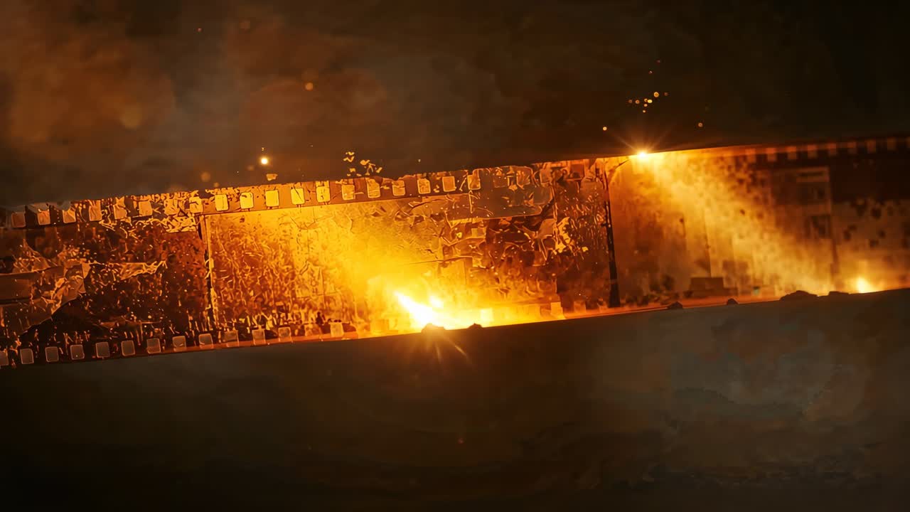 Eruzione di fiamme su una pellicola da 35 mm, con fotogrammi che bruciano su uno sfondo fumoso, spargendo braci incandescenti