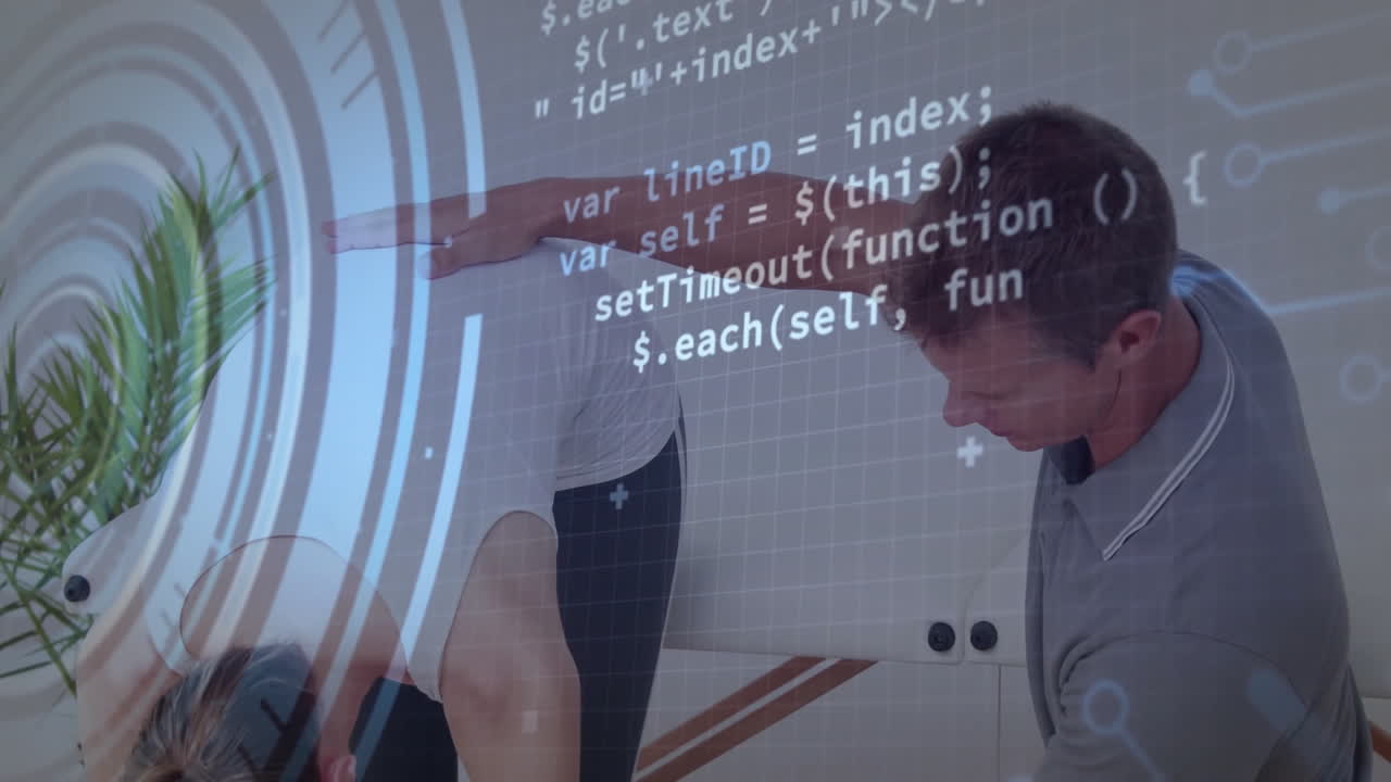 Physiotherapist guiding client through stretch in therapy room, showing digital grid targets